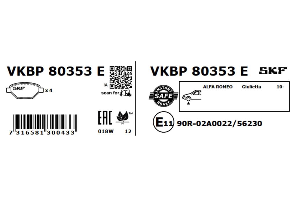 Jeu de 4 plaquettes de frein SKF ref. VKBP 80353 E